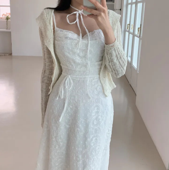 💕ihs系溫柔蕾絲性感露背鬆緊系帶收腰吊帶長裙