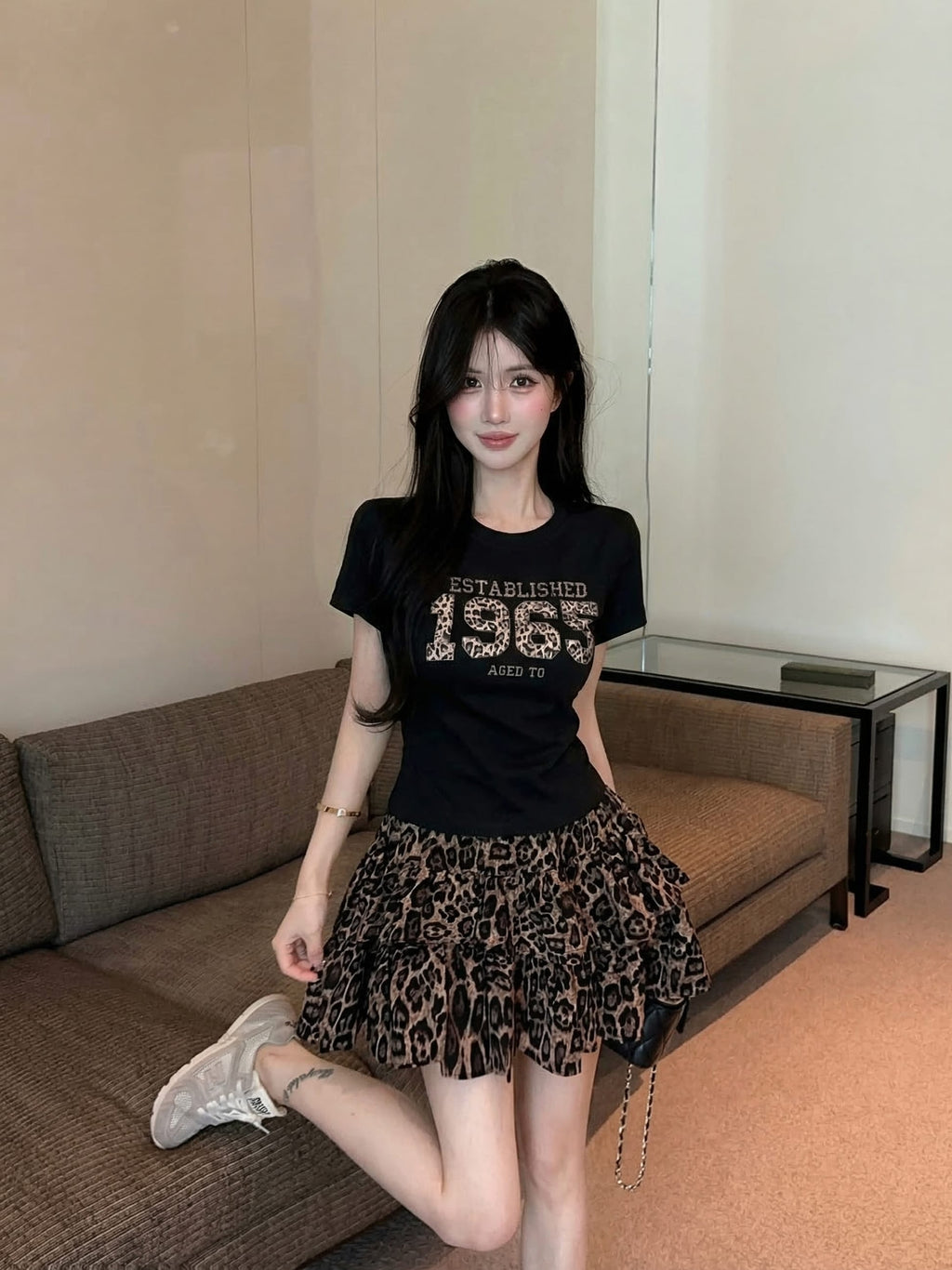 💕夏季豹紋印花圓領百搭短袖上衣