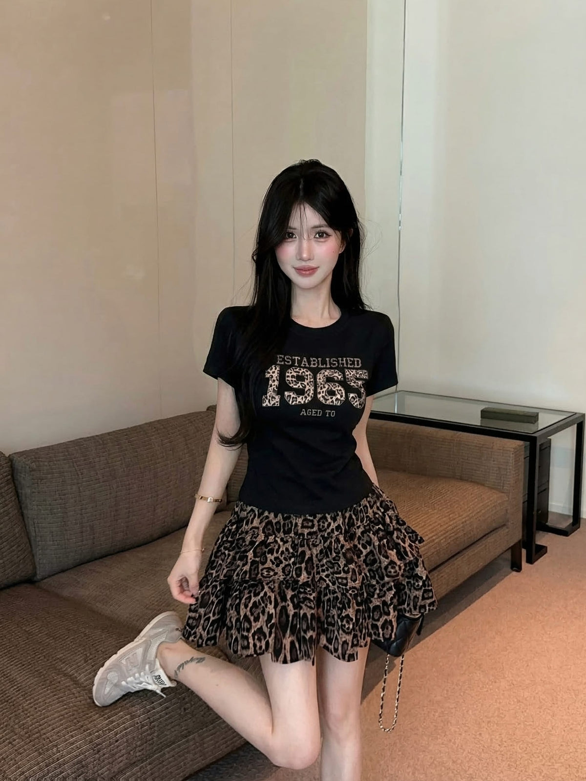 💕夏季豹紋印花圓領百搭短袖上衣