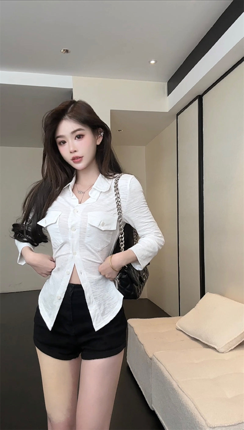 💕氣質純御性感翻領綁帶長袖襯衫