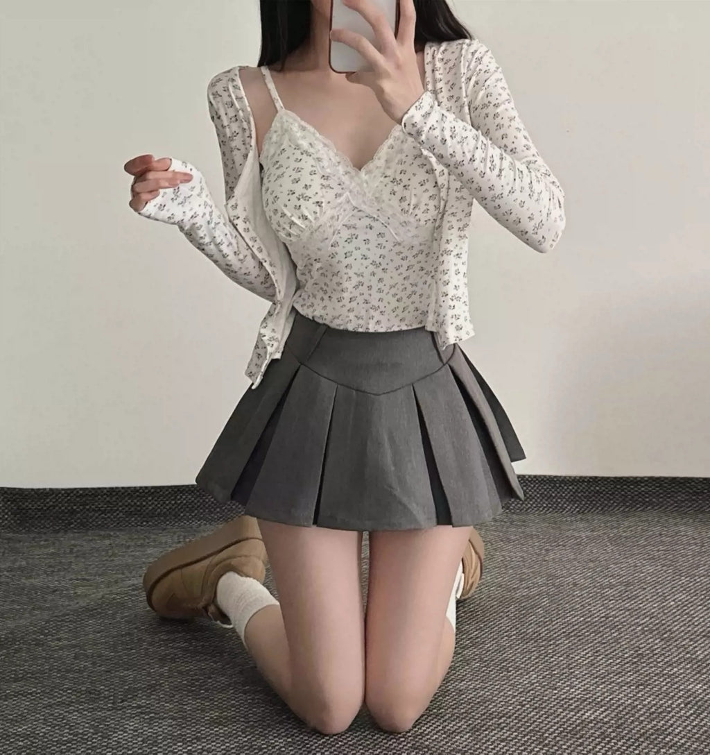 💕溫柔清純碎花蕾絲拼接吊帶上衣