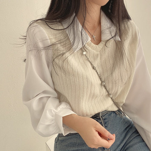 💕chic韓系假兩件拼接襯衫上衣