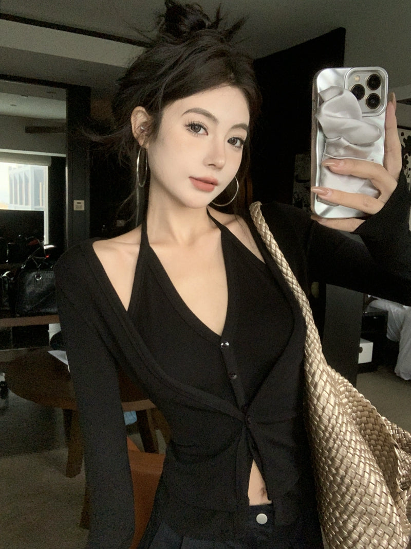 💕秋冬性感吊帶掛脖顯瘦假兩件打底上衣