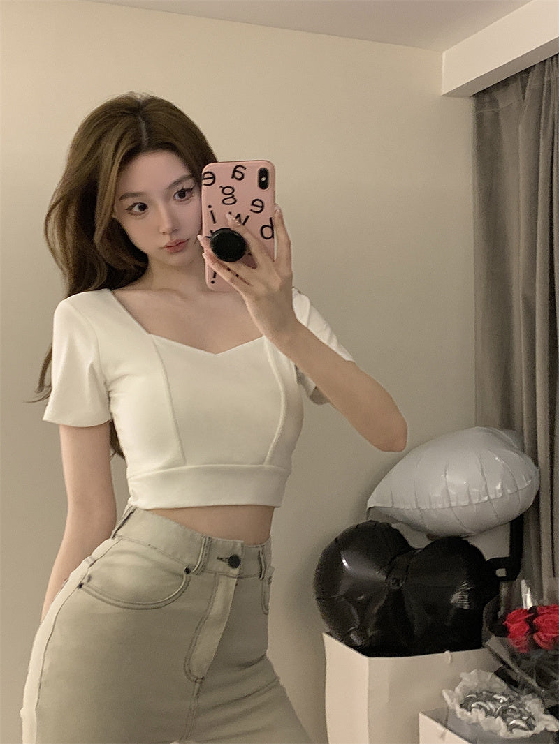💕方領百搭露鎖骨顯瘦短版露臍上衣