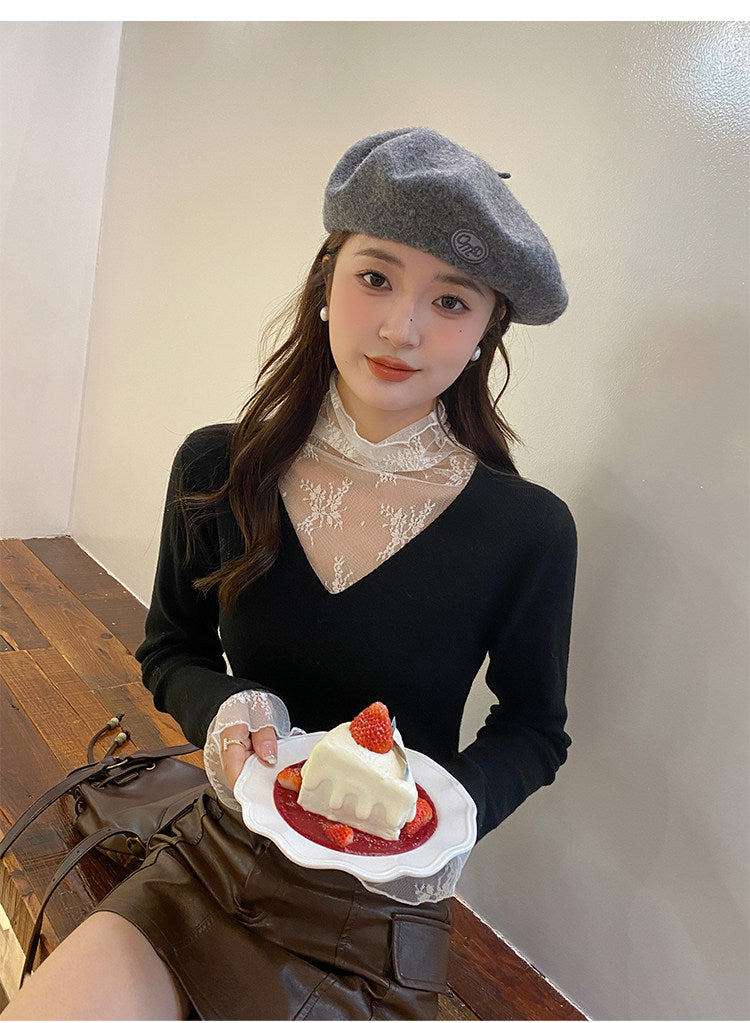 💕白色V領假兩件蕾絲打底衫上衣