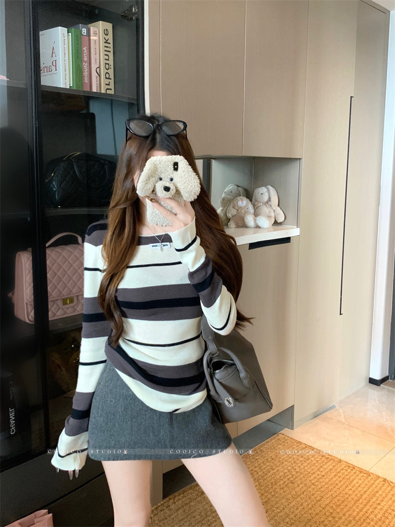 💕簡約休閒不規則條紋針織打底上衣