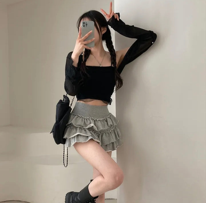 💕春夏防曬長袖雪紡開衫+網紗拼接針織吊帶