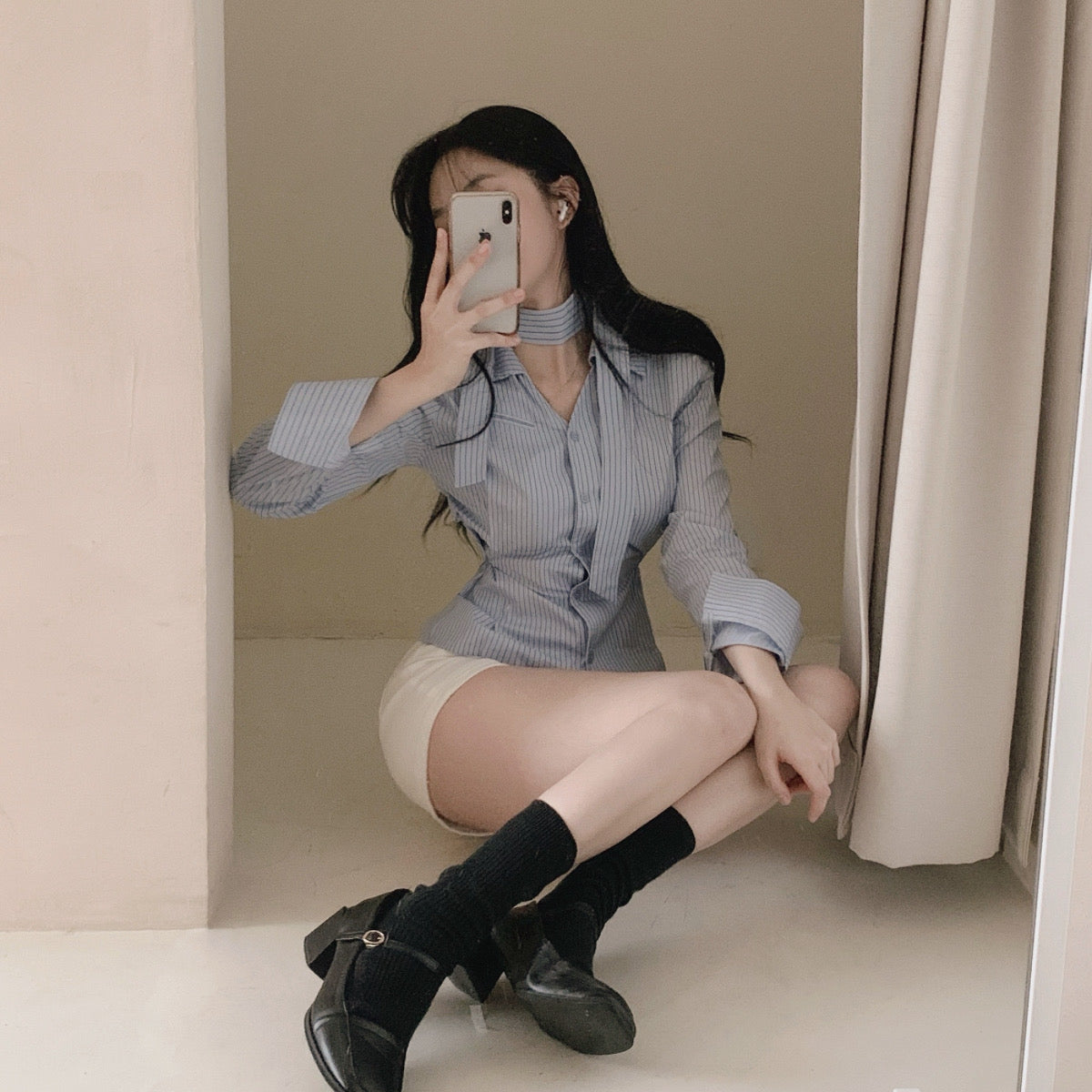 💕韓系小眾V領飄帶收腰百搭條紋上衣
