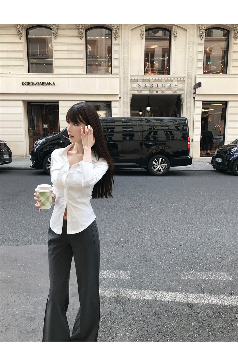 💕氣質翻領長袖收腰鈕扣襯衫