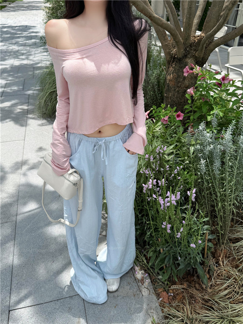 💕溫柔懶人斜肩長袖短款露臍上衣&條紋寬褲兩件套