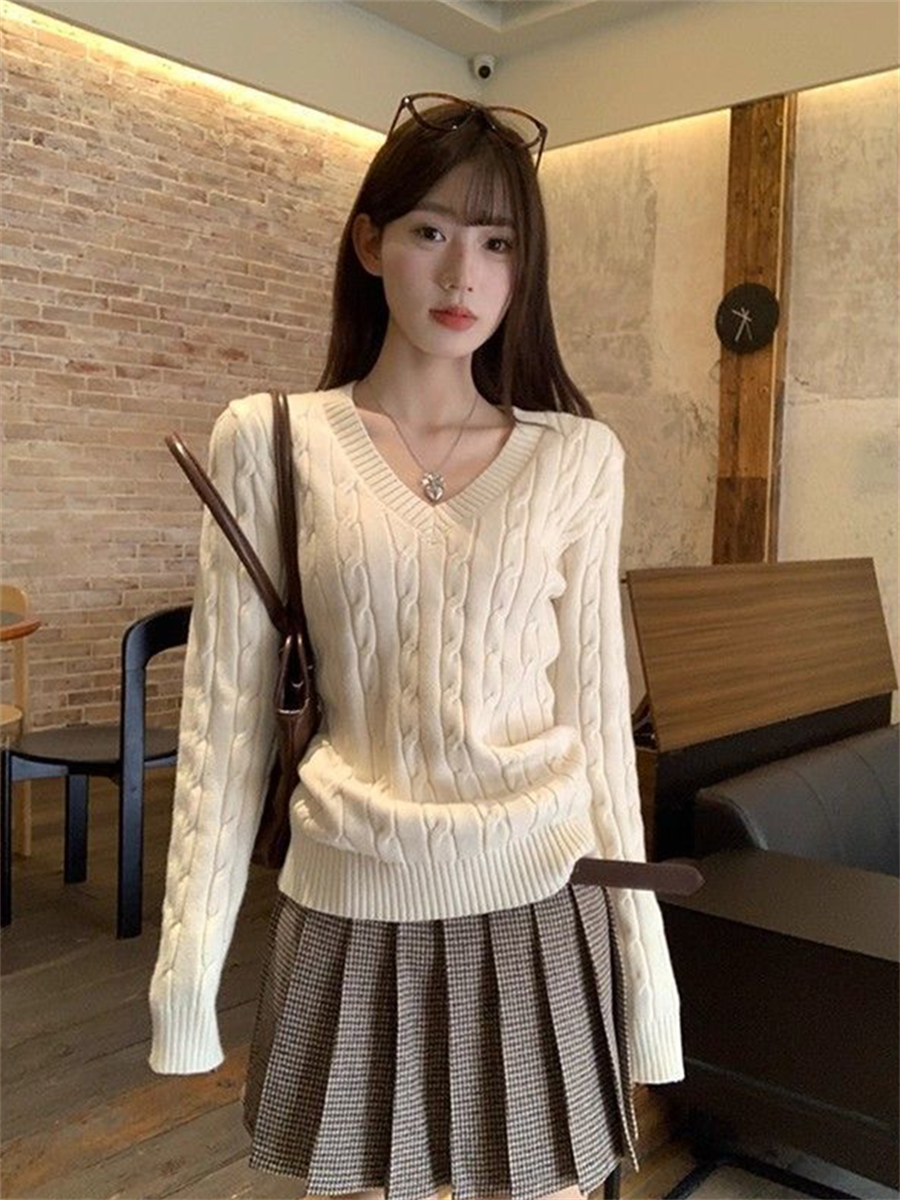 💕韓系慵懶風V領麻花加厚寬鬆毛衣
