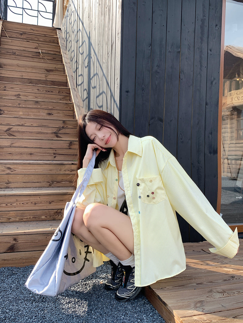 💕青春寬鬆百搭別緻彩色鈕扣條紋襯衫