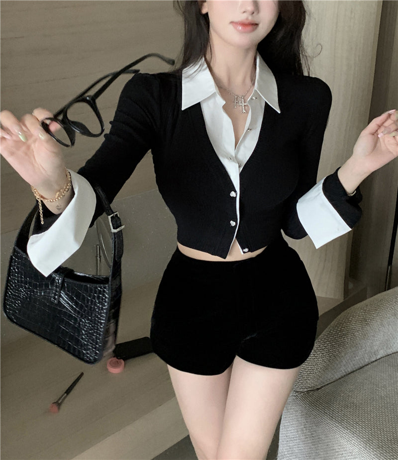 💕純御辣妹修身短款黑色假兩件長袖襯衫