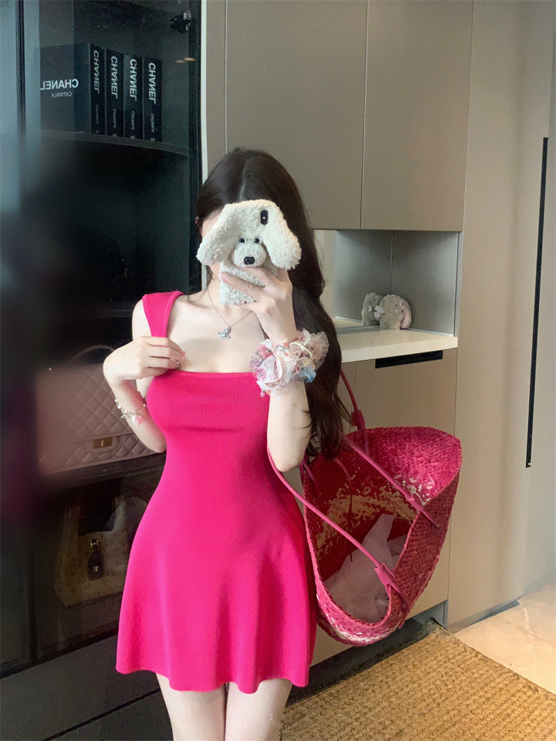 💕夏季法式方領針織連衣包臀短裙
