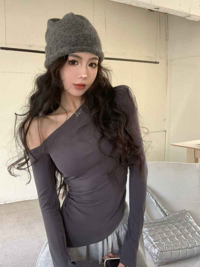 💕純欲性感不規則露肩黑色長袖斜肩上衣