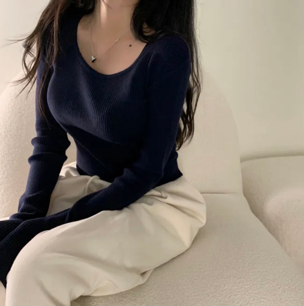 💕韓系chic長袖修身親膚針織打底百搭顯瘦上衣