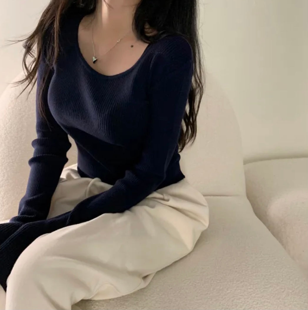 💕韓系chic長袖修身親膚針織打底百搭顯瘦上衣