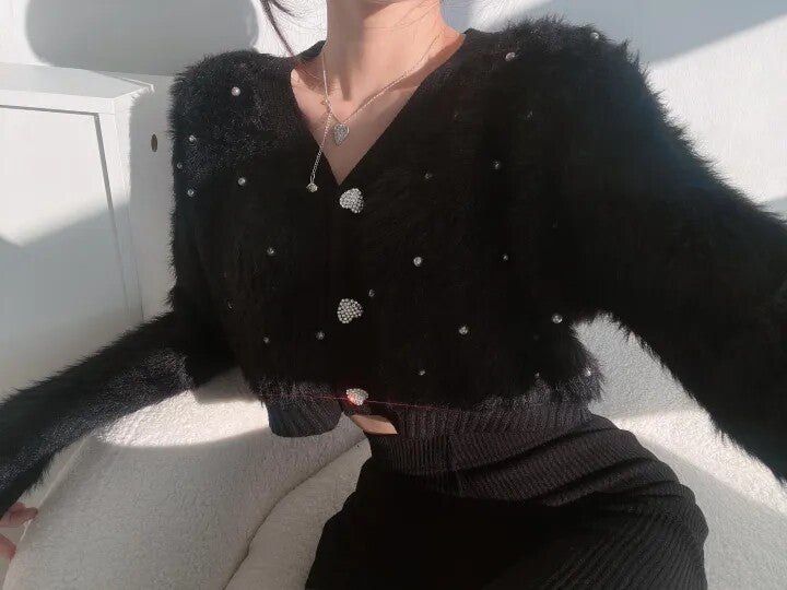 💕韓版釘珠愛心扣仿水貂絨毛衣針織衫