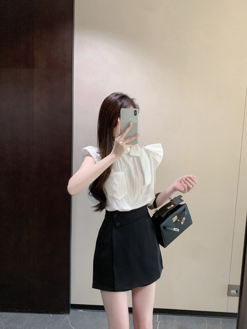 💕氣質飛飛袖系帶襯衫顯瘦套裝