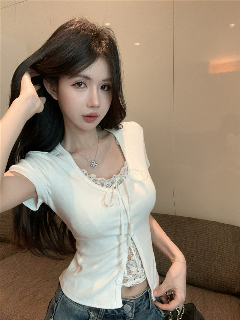 💕高級感假兩件短袖拼接蕾絲上衣