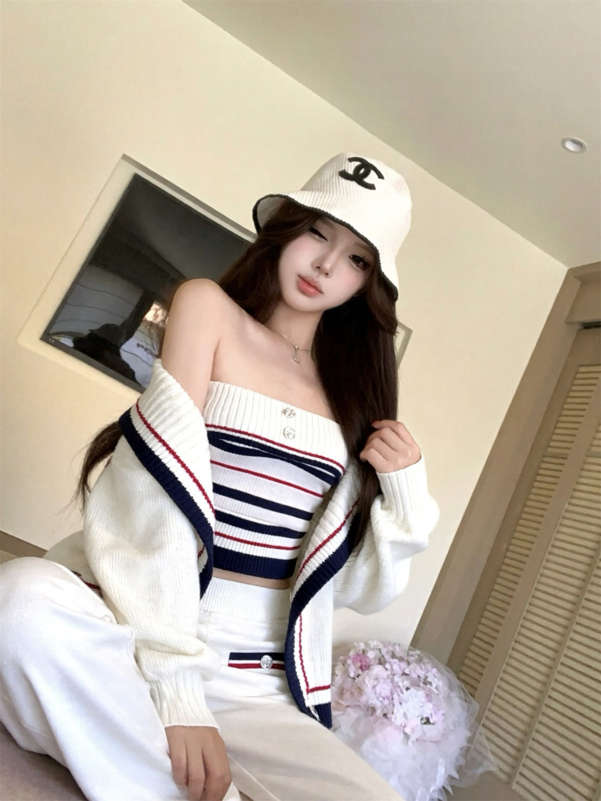 💕休閒慵懶條紋大翻領針織背心三件套