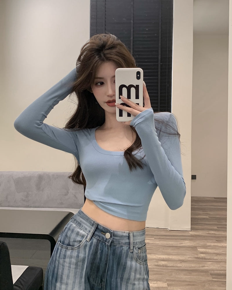 💕百搭低U領修身彈力長袖打底上衣