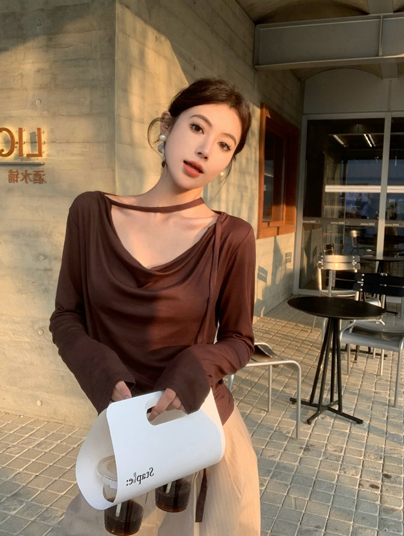 💕春夏甜美溫柔舒適盪領飄帶長袖上衣