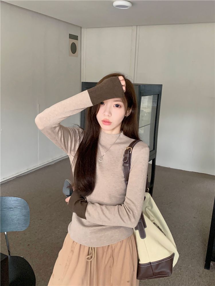 💕通勤百搭撞色長袖針織修身打底上衣