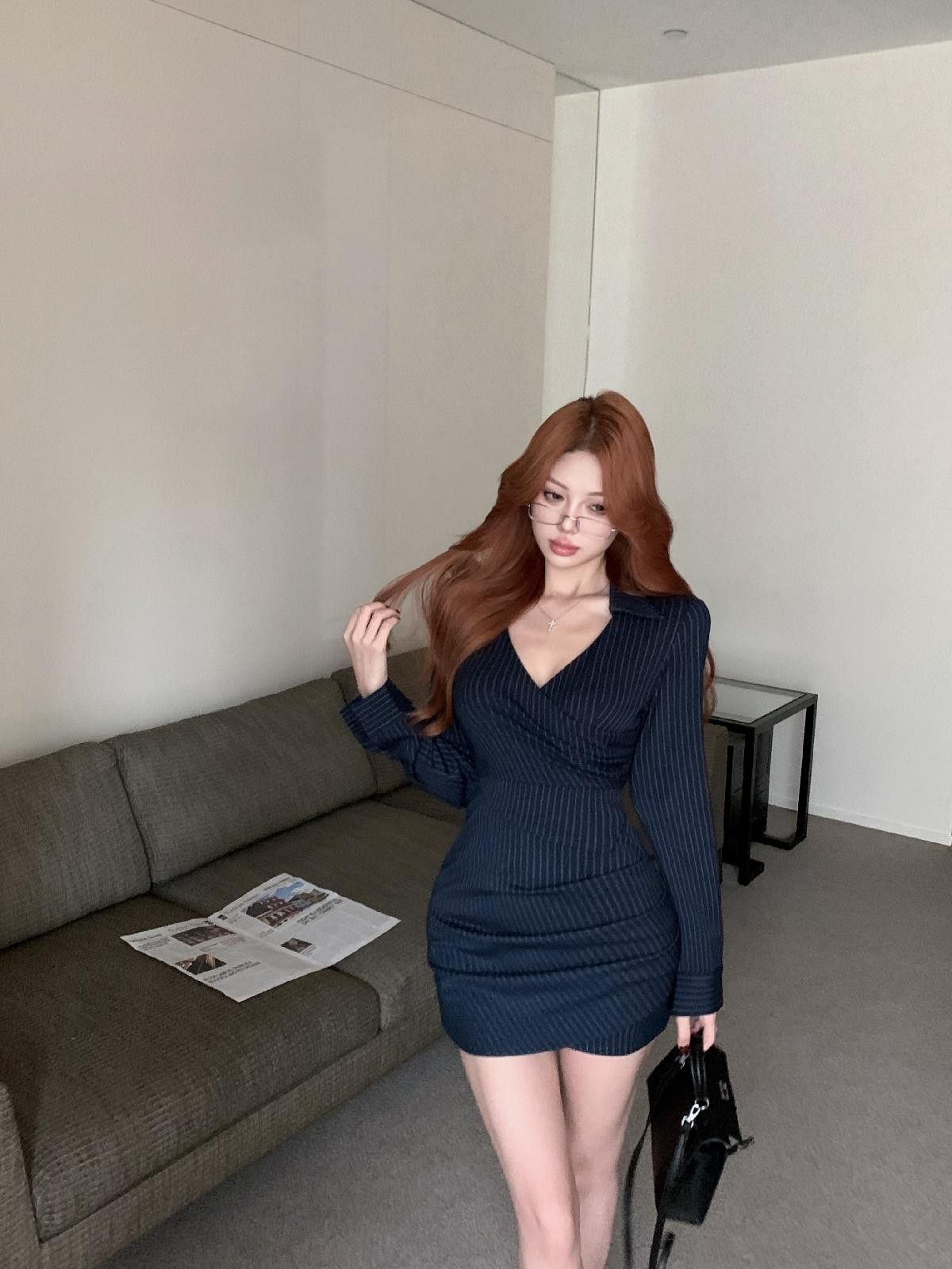 💕高級性感法式條紋V領長袖襯衫連衣裙