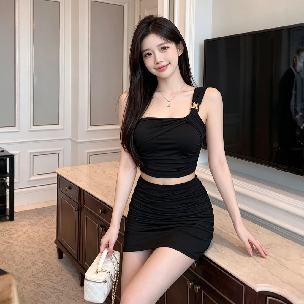 💕純欲性感單肩褶皺包臀兩件套
