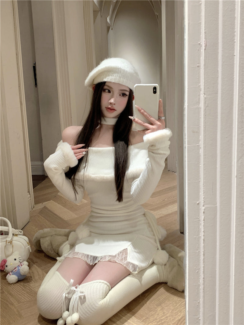 💕法式秋冬聖誕氣息掛脖毛邊包臀短裙