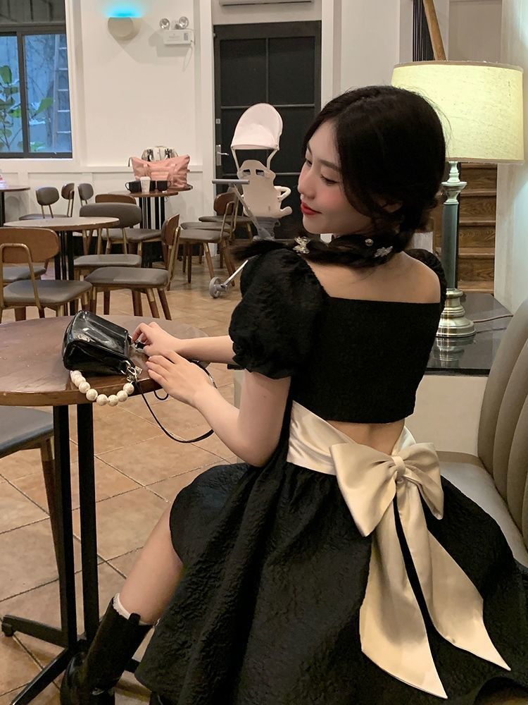 💕方領法式花邊露背蝴蝶結小個子澎澎短裙