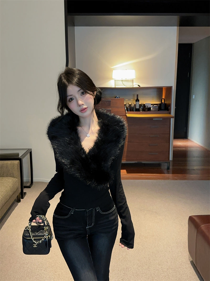 💕純欲辣妹毛領拼接V領長袖修身上衣