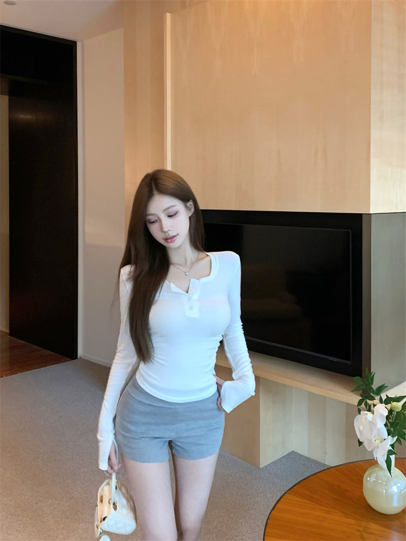💕秋冬辣妹半高U領修身褶皺短磨毛內搭打底上衣