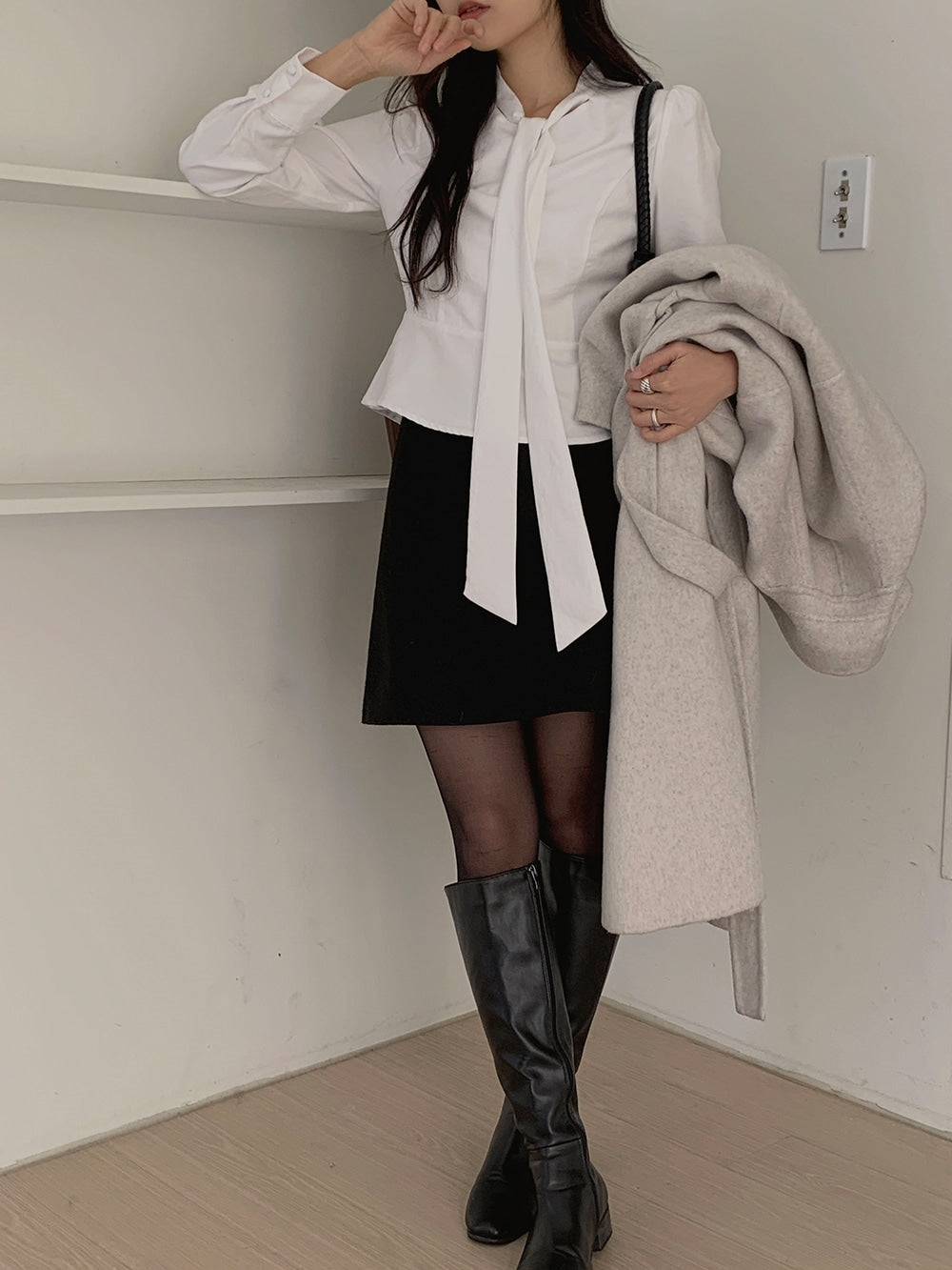💕ins溫柔飄帶蝴蝶結泡泡袖修身顯瘦上衣