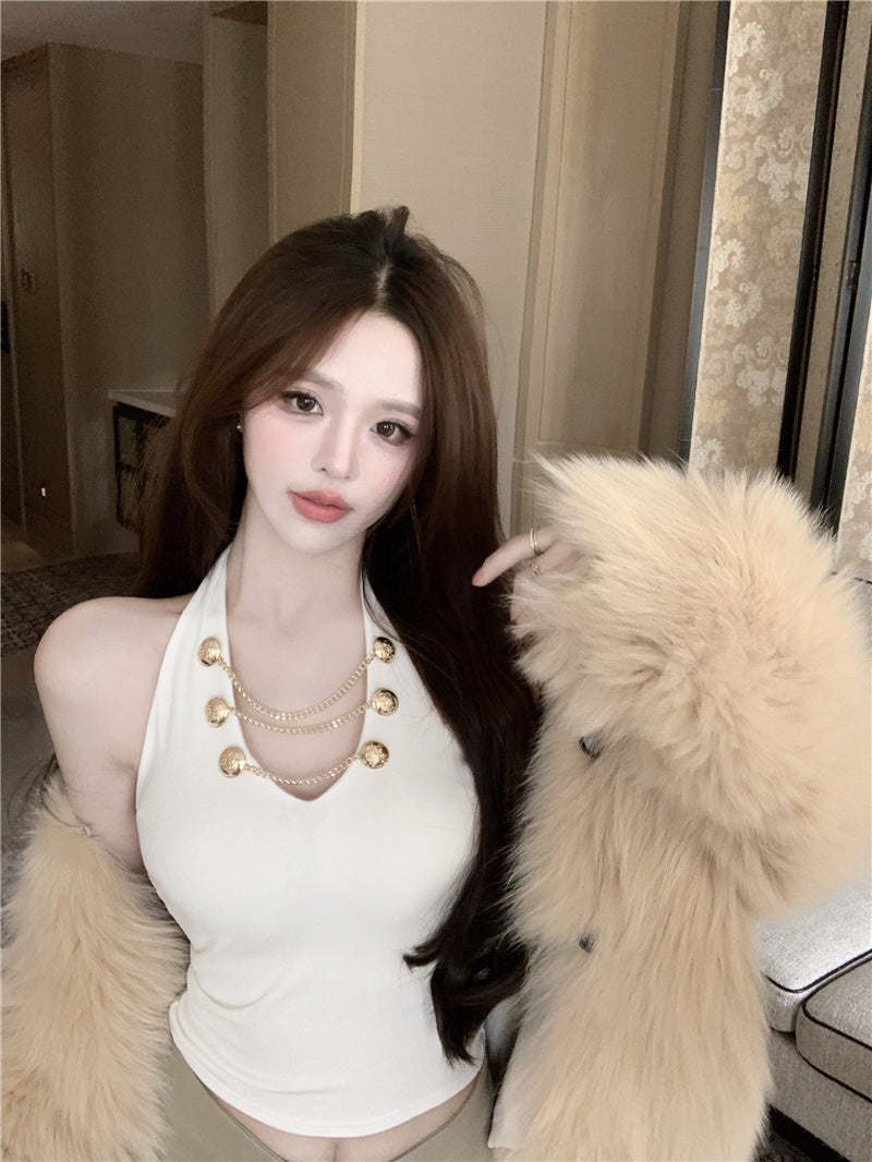 💕V領掛脖吊帶短版絕美上衣