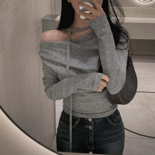 💕溫柔春秋純欲露肩+飄帶顯瘦法式上衣
