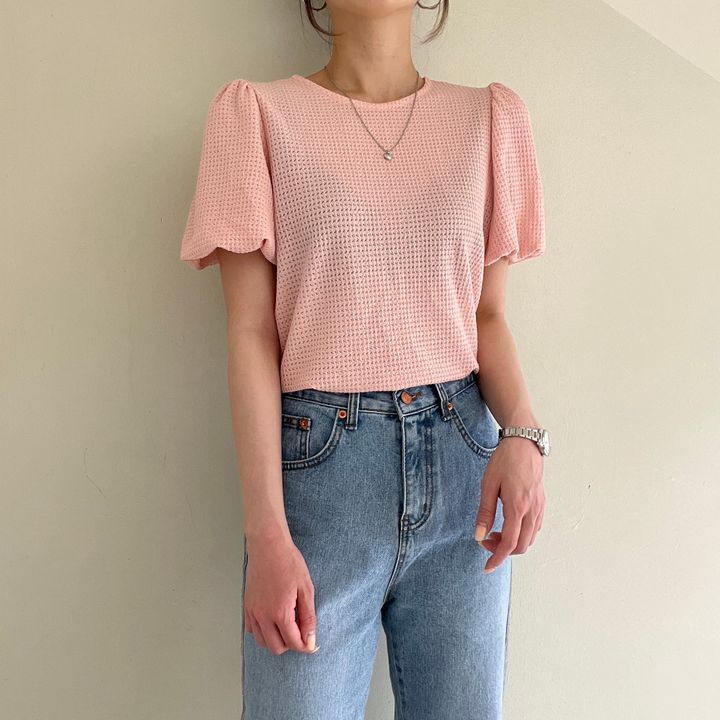 💕韓系溫柔華夫格鏤空圓領泡泡袖上衣
