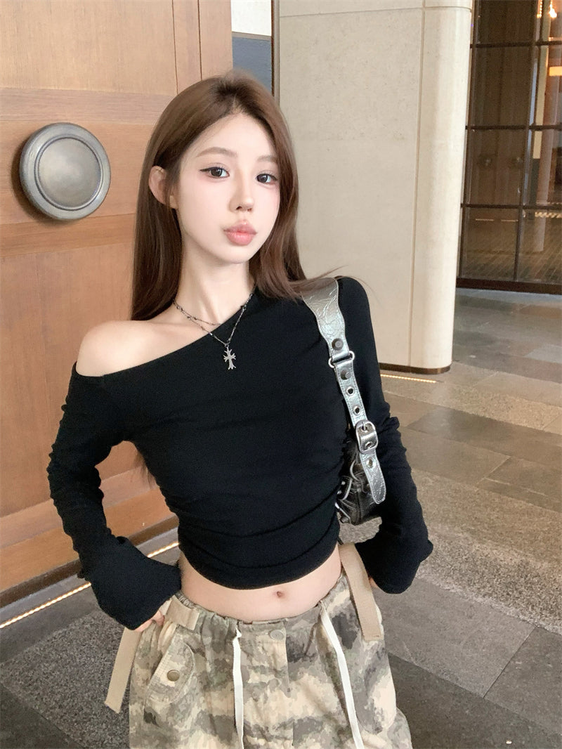 💕簡約通勤絕美基礎款斜肩磨毛上衣