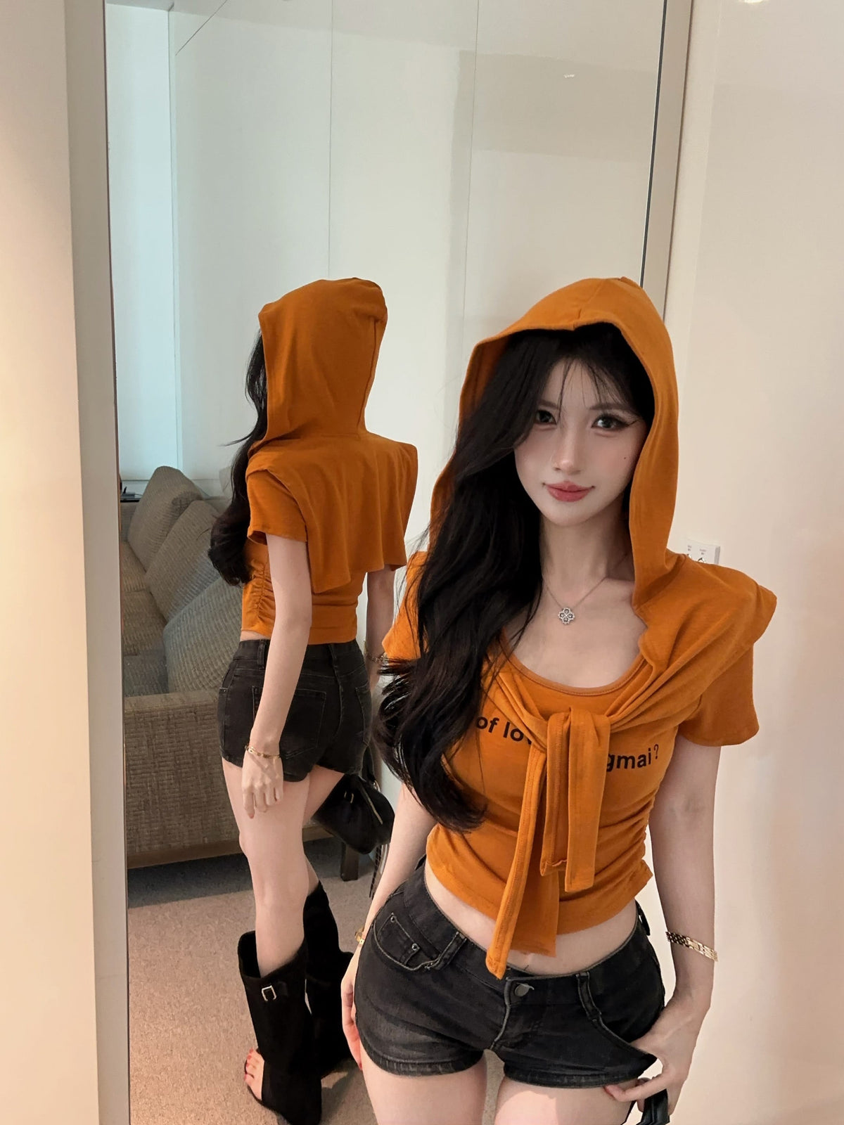 💕夏季時尚百搭圓領連帽披肩兩件套
