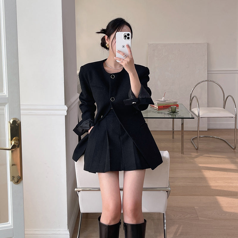 💕法式氣質單排釦小香風外套搭百褶短裙