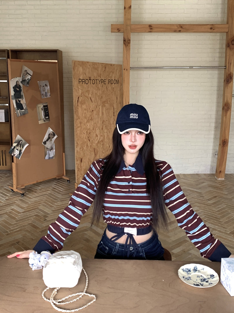💕復古時尚撞色條紋拼接POLO長袖上衣
