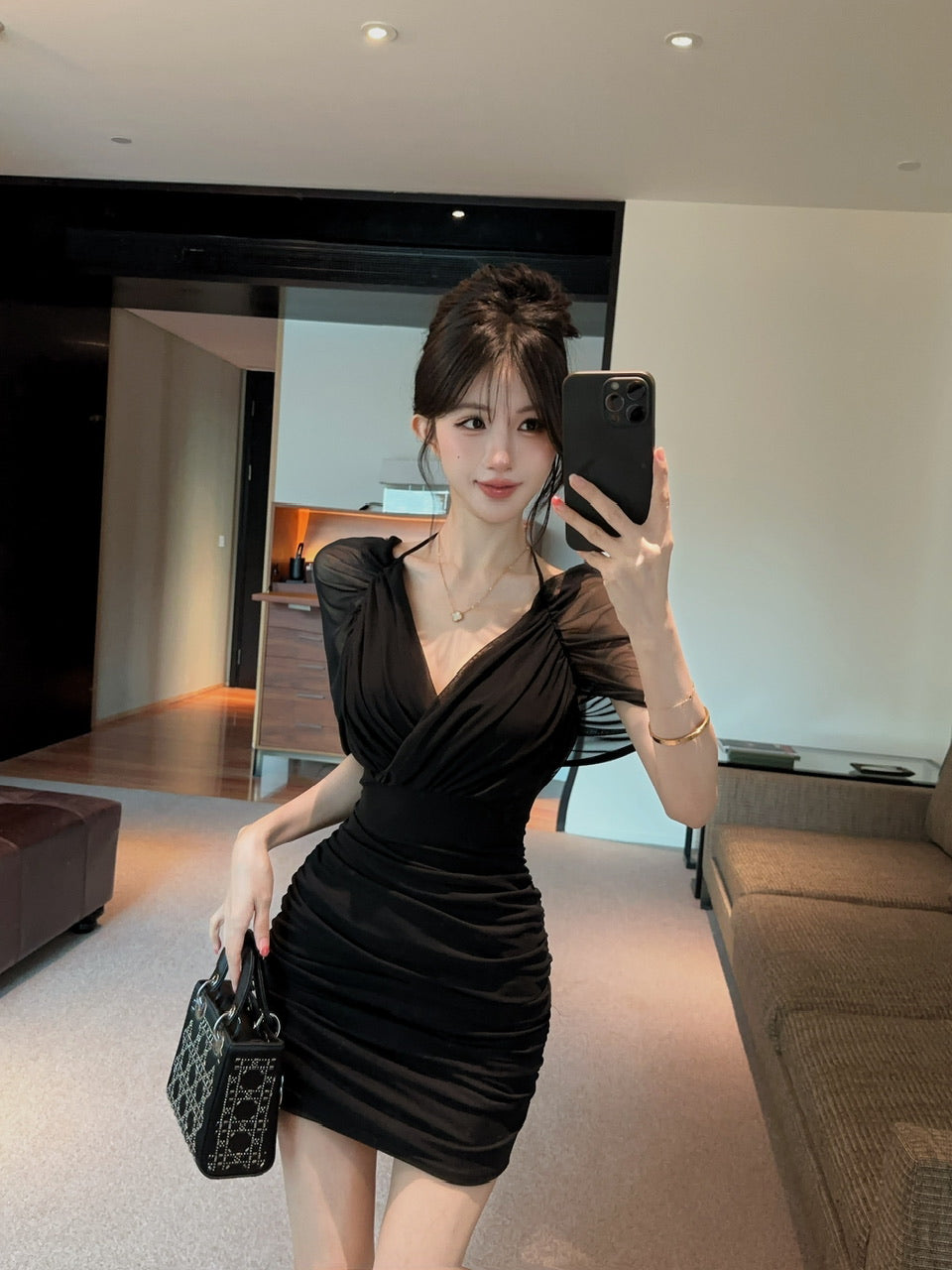 💕約會性感網紗綁帶包臀假兩件連身裙
