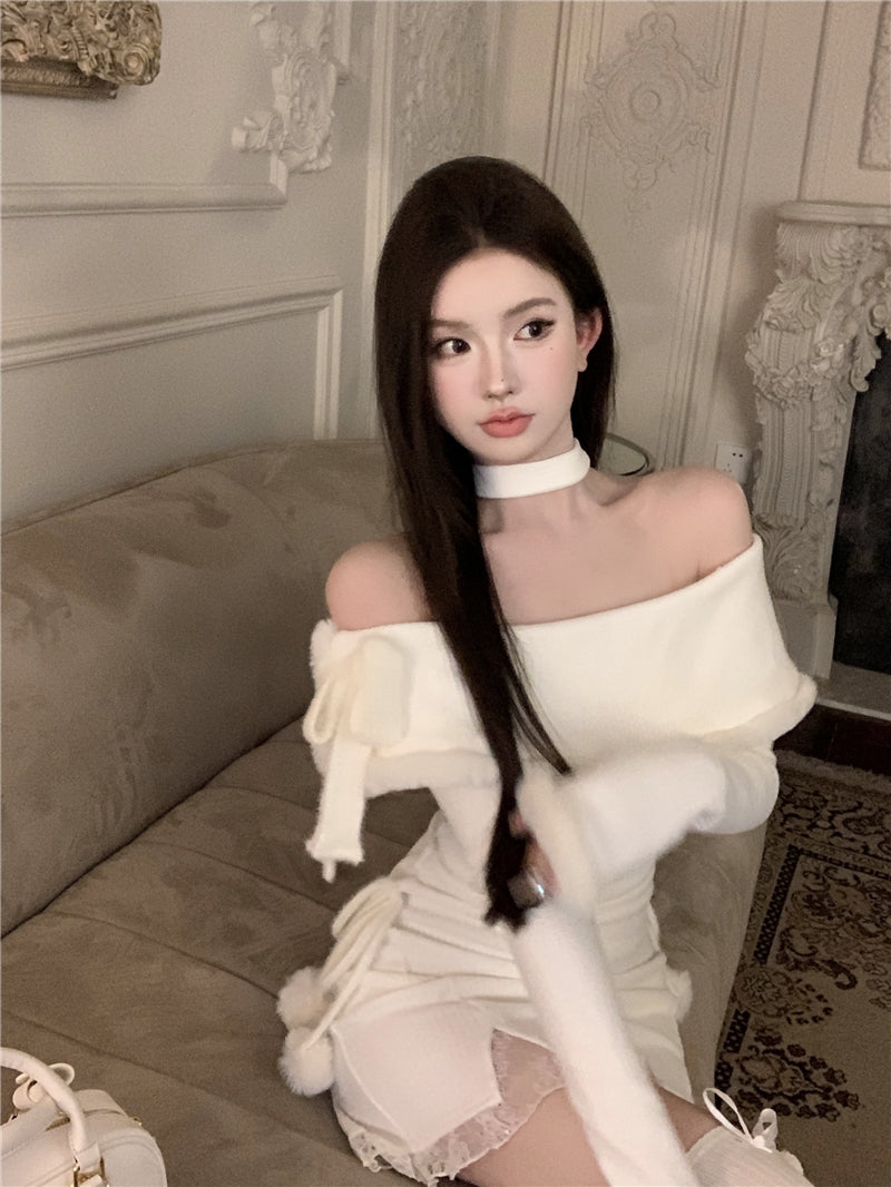 💕法式秋冬聖誕氣息掛脖毛邊包臀短裙
