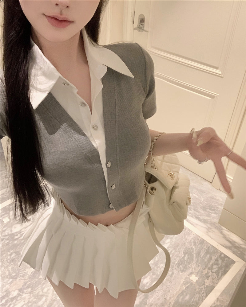 💕韓系氣質假兩件翻領修身短款針織衫