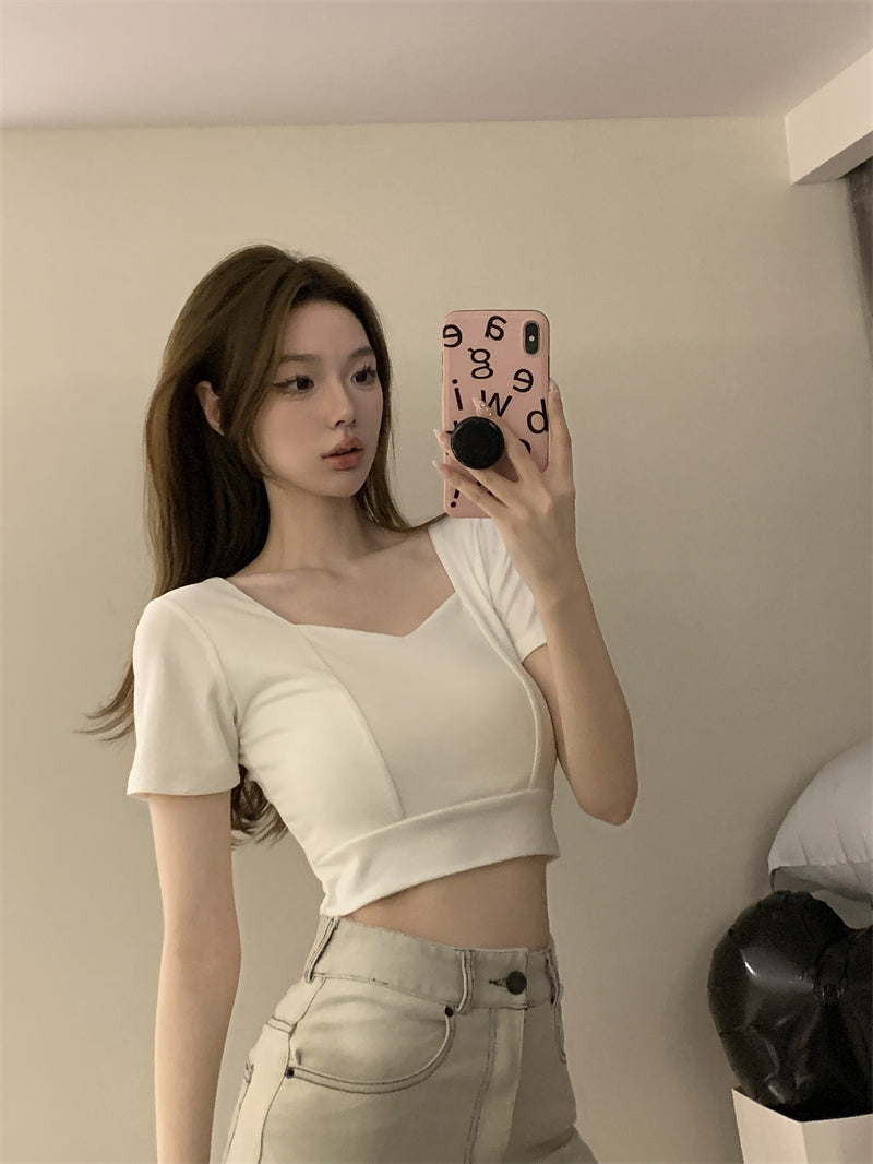 💕方領百搭露鎖骨顯瘦短版露臍上衣