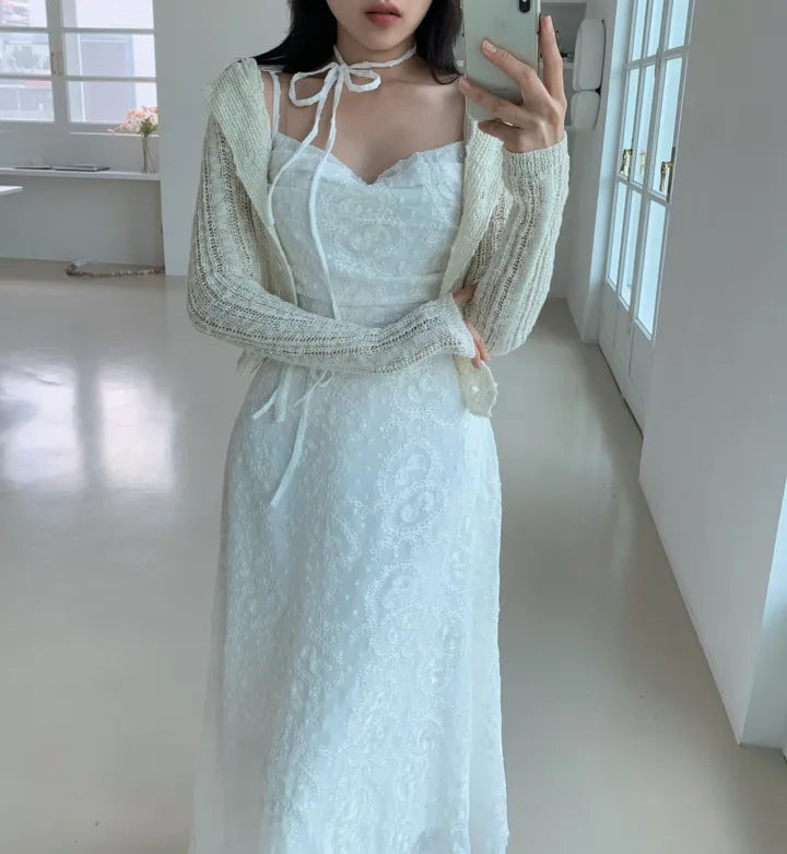 💕ihs系溫柔蕾絲性感露背鬆緊系帶收腰吊帶長裙