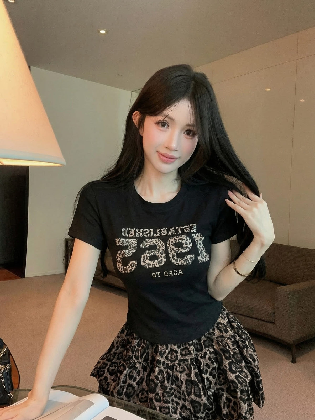 💕夏季豹紋印花圓領百搭短袖上衣