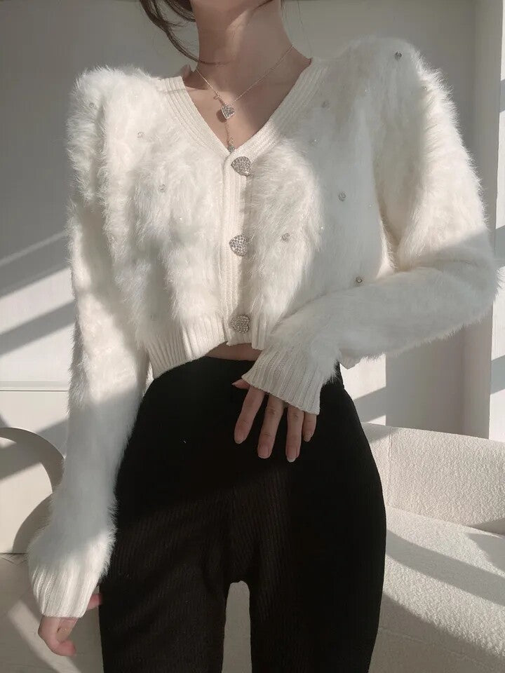 💕韓版釘珠愛心扣仿水貂絨毛衣針織衫