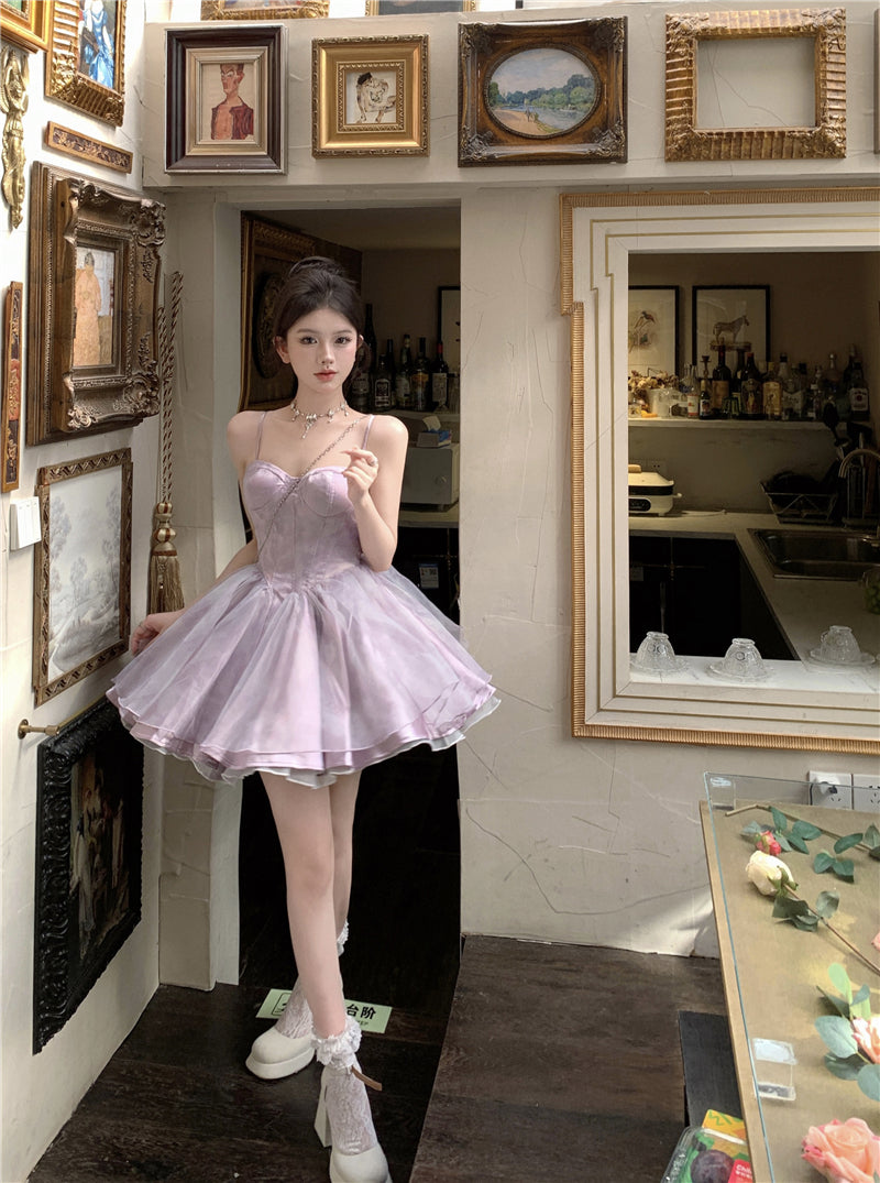💕夏季多巴胺扎染泡泡袖公主澎澎裙
